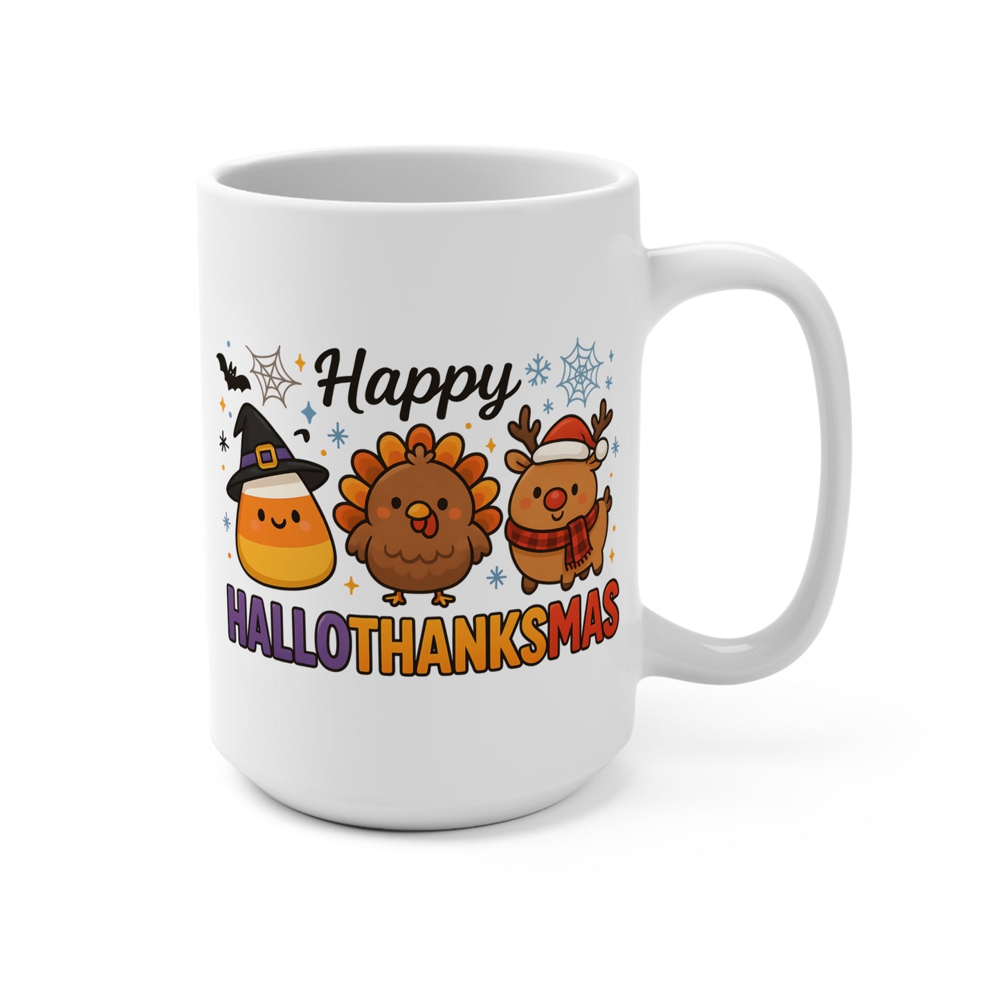 Funny Happy Hallothanksmas Mug 15oz Ceramic Coffee Cup Halloween Thanksgiving Christmas Gift for Holiday Lovers