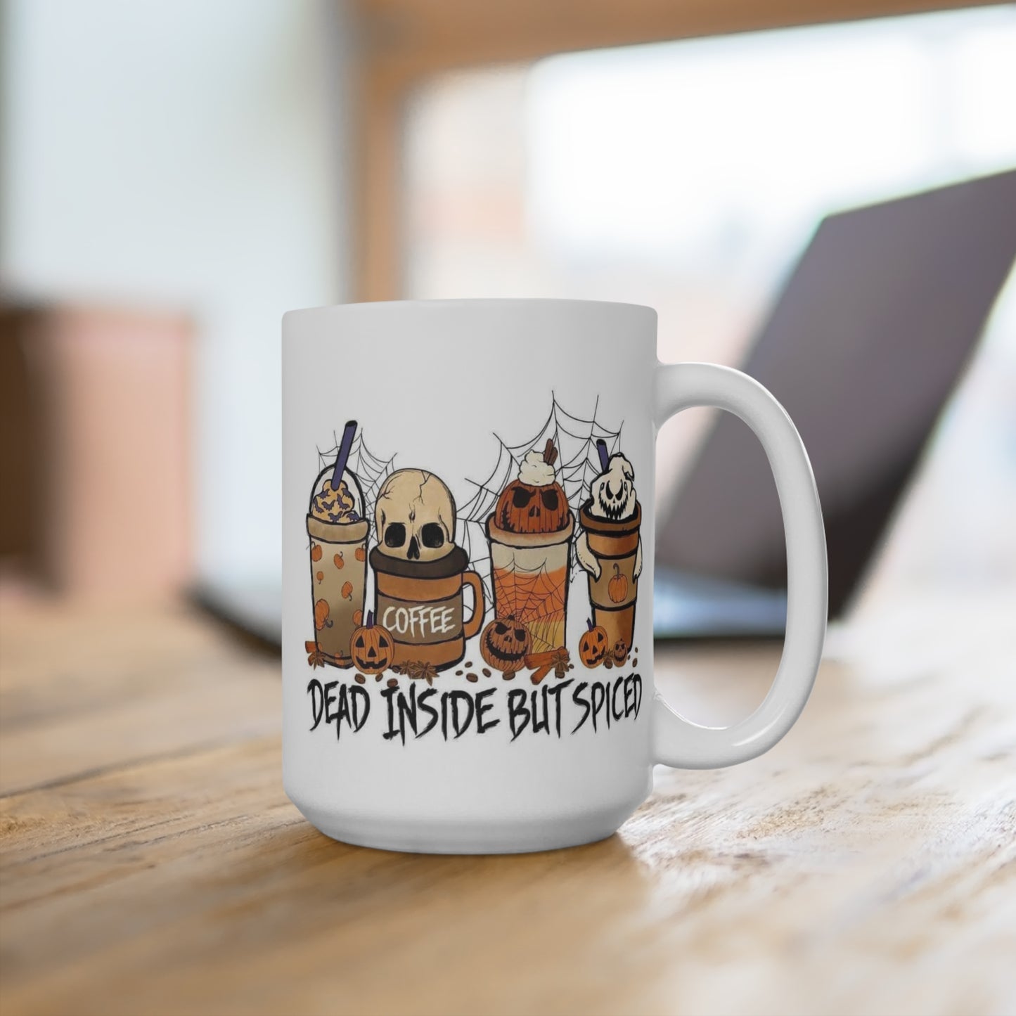 Dead Inside But Spiced Mug Funny Halloween Coffee Cup Fall Pumpkin Spice Lover Gift for Spooky Season Fans or Autumn Mood Vibes