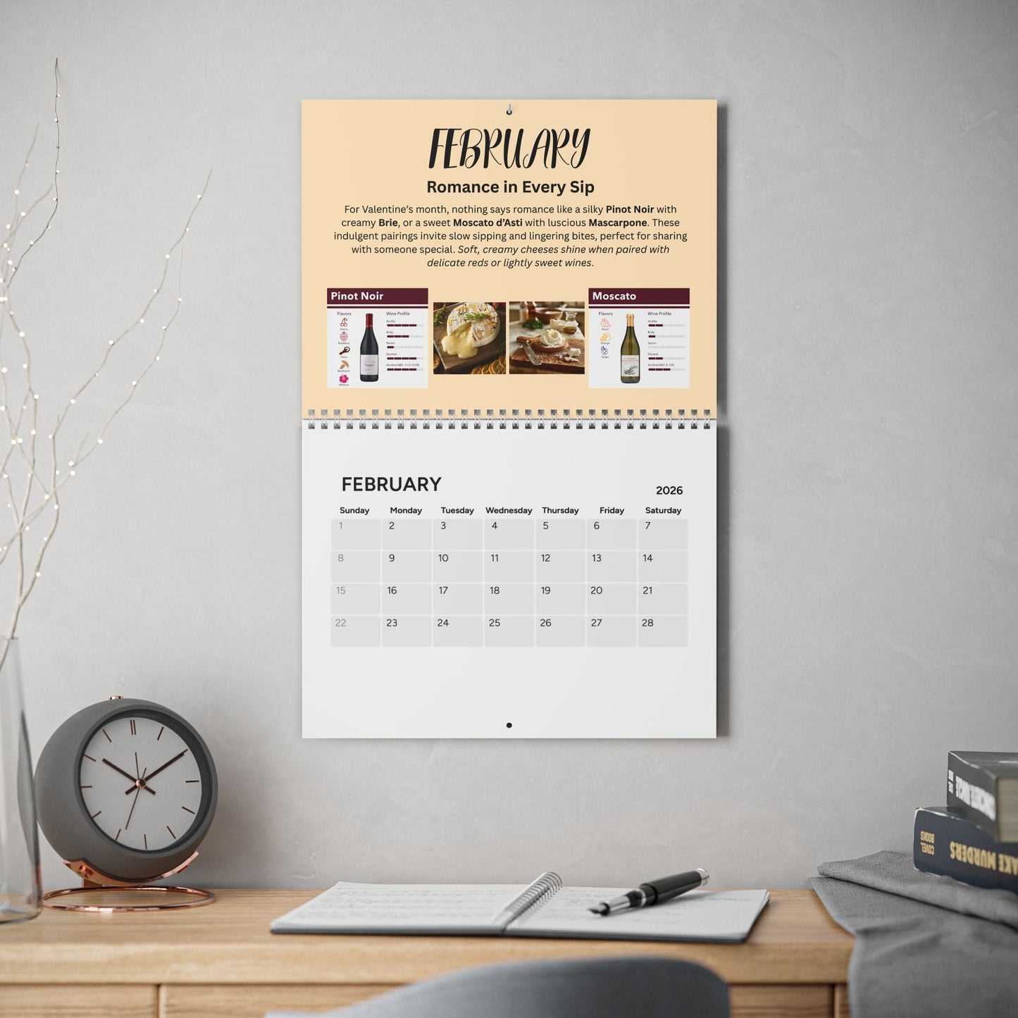 Wine and Cheese 2026 Pairing Calendar Gourmet Foodie Gift Year of Pairings Kitchen Wall Calendar Wine Lover Decor