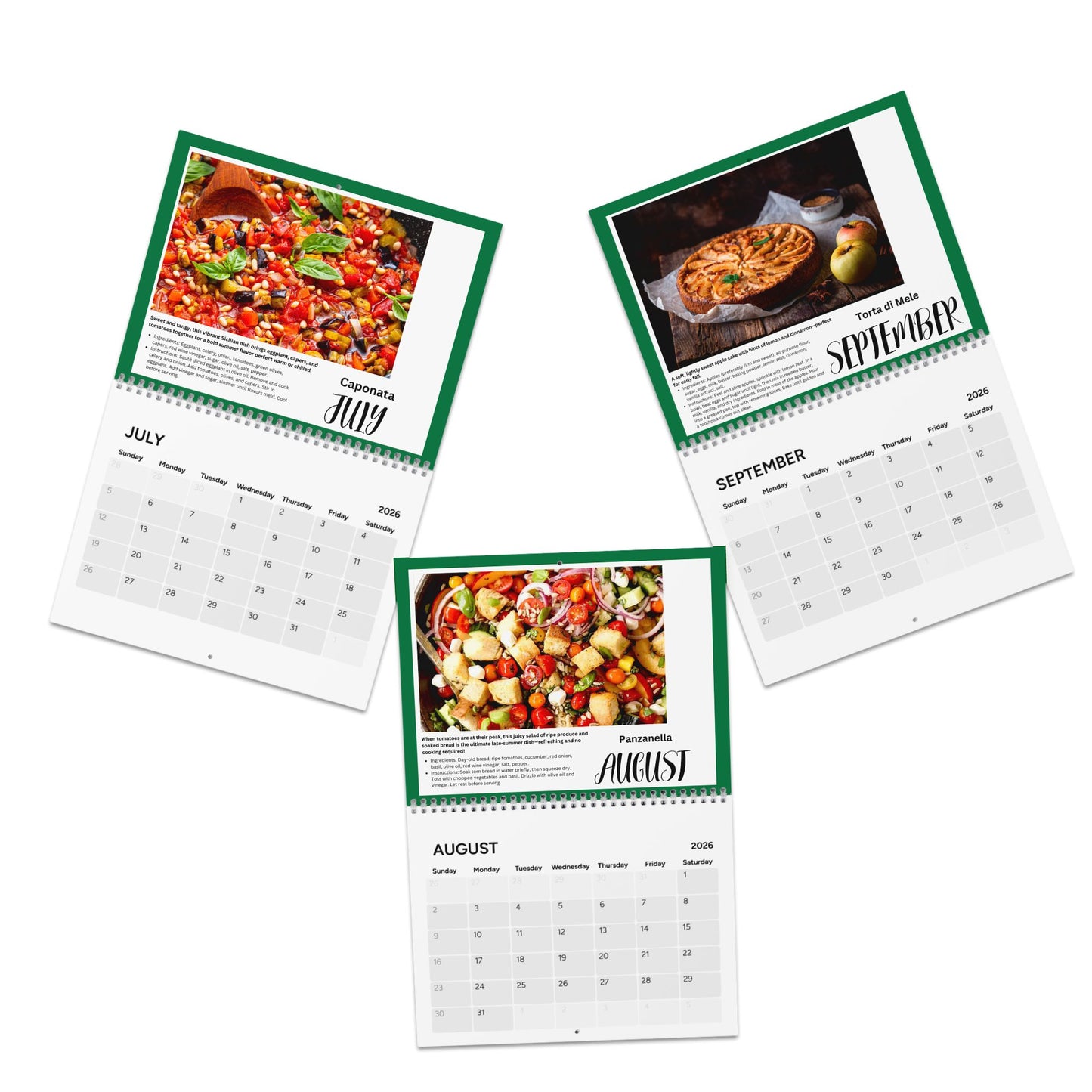 Taste of Italy 2026 Recipe Calendar Italian Food Lover Gift Pasta Pizza Wine Kitchen Wall Calendar Culinary Decor