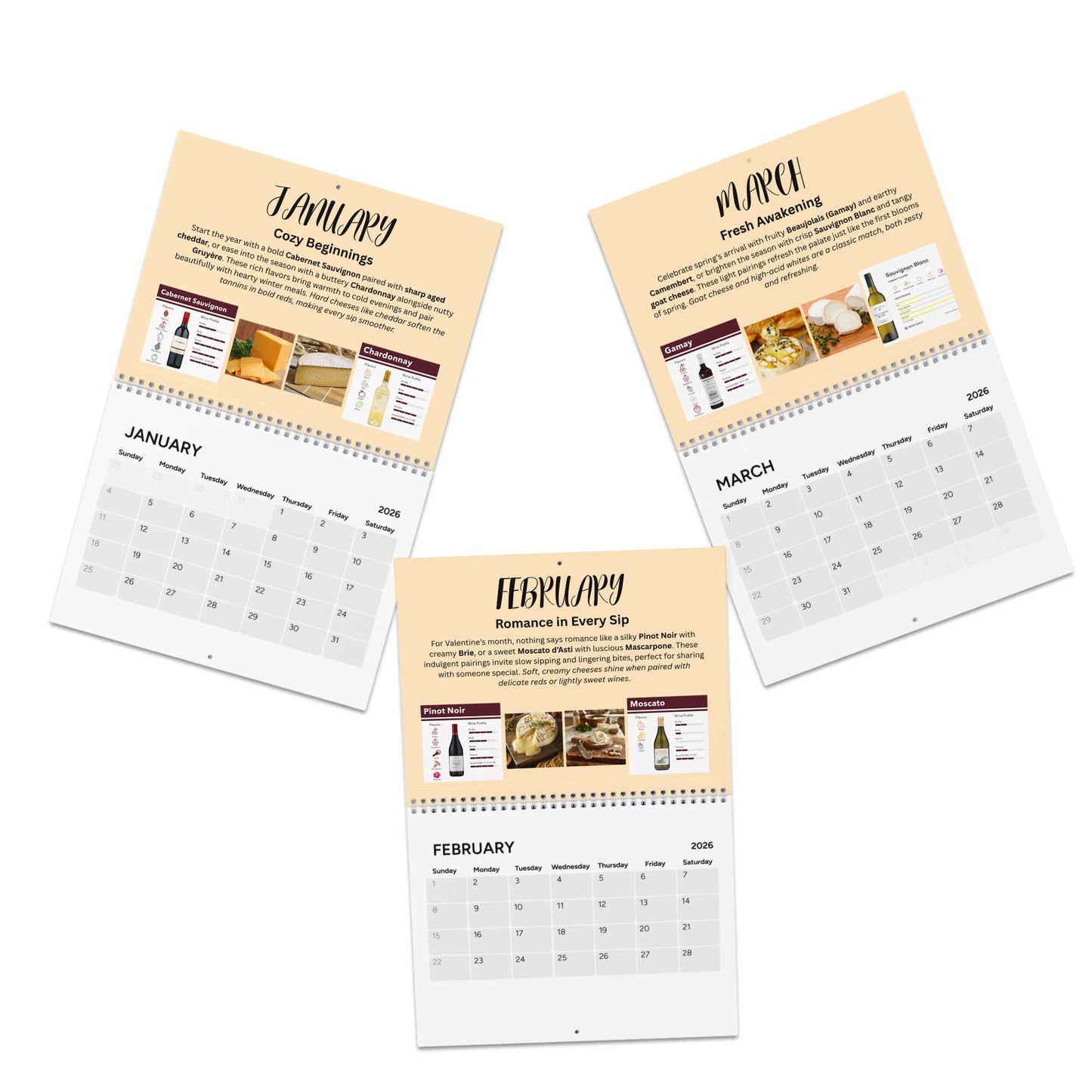 Wine and Cheese 2026 Pairing Calendar Gourmet Foodie Gift Year of Pairings Kitchen Wall Calendar Wine Lover Decor