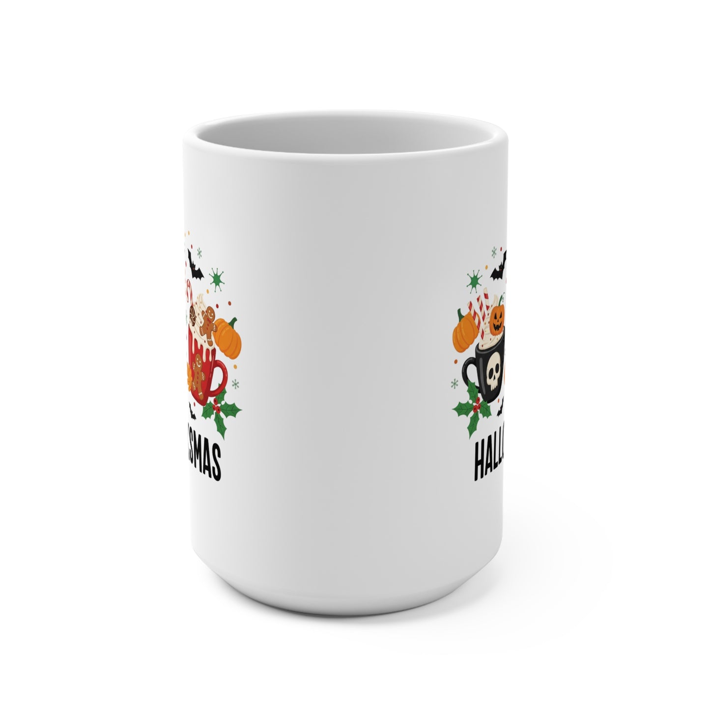 Funny Happy Hallothanksmas Mug 15oz Ceramic Coffee Cup Halloween Thanksgiving Christmas Gift for Holiday Lovers