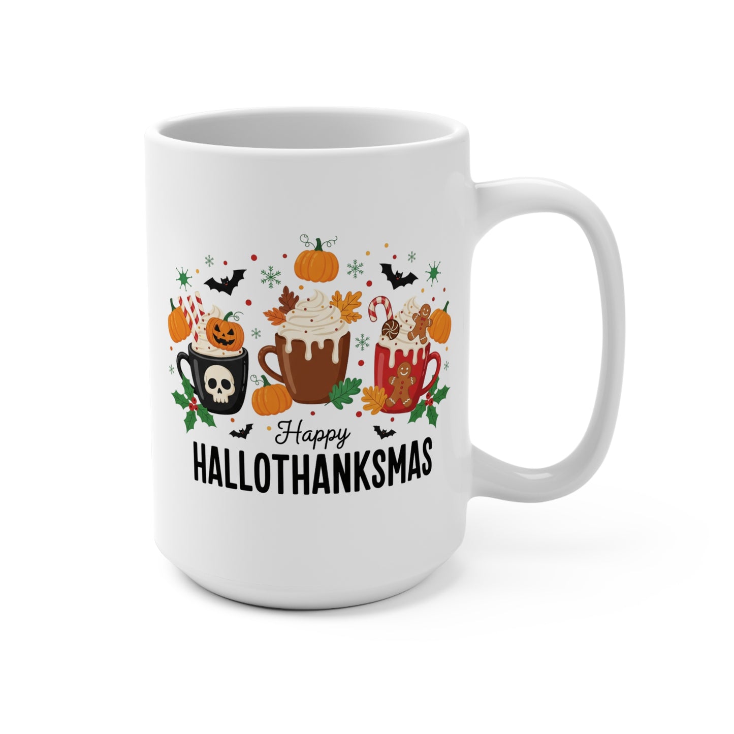 Funny Happy Hallothanksmas Mug 15oz Ceramic Coffee Cup Halloween Thanksgiving Christmas Gift for Holiday Lovers