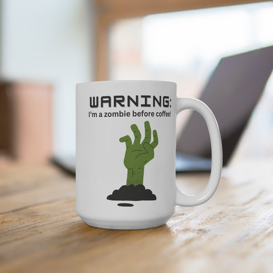 Warning I’m a Zombie Before Coffee Mug Funny Morning Humor Cup Gift for Coffee Addict Caffeine Lover or Coworker Halloween Inspired
