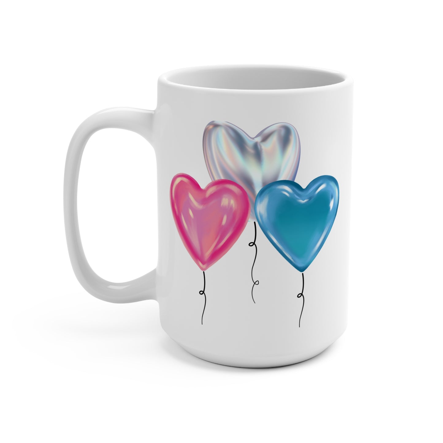 Pink Silver and Blue Balloon Mug 15oz Ceramic Coffee Cup Birthday Party Celebration Gift for Her or Him