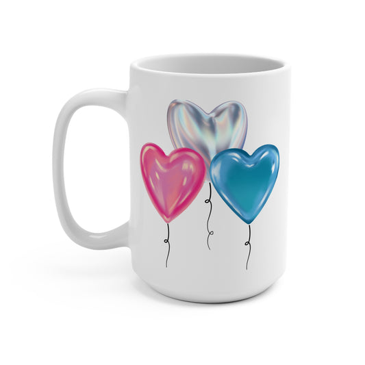 Pink Silver and Blue Balloon Mug 15oz Ceramic Coffee Cup Birthday Party Celebration Gift for Her or Him