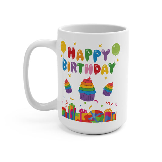 Happy Birthday Mug with Rainbow Balloons Cupcakes and Presents Fun 15oz Ceramic Coffee Cup Celebration Gift for Her or Him