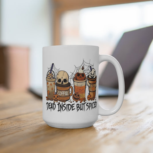 Dead Inside But Spiced Mug Funny Halloween Coffee Cup Fall Pumpkin Spice Lover Gift for Spooky Season Fans or Autumn Mood Vibes