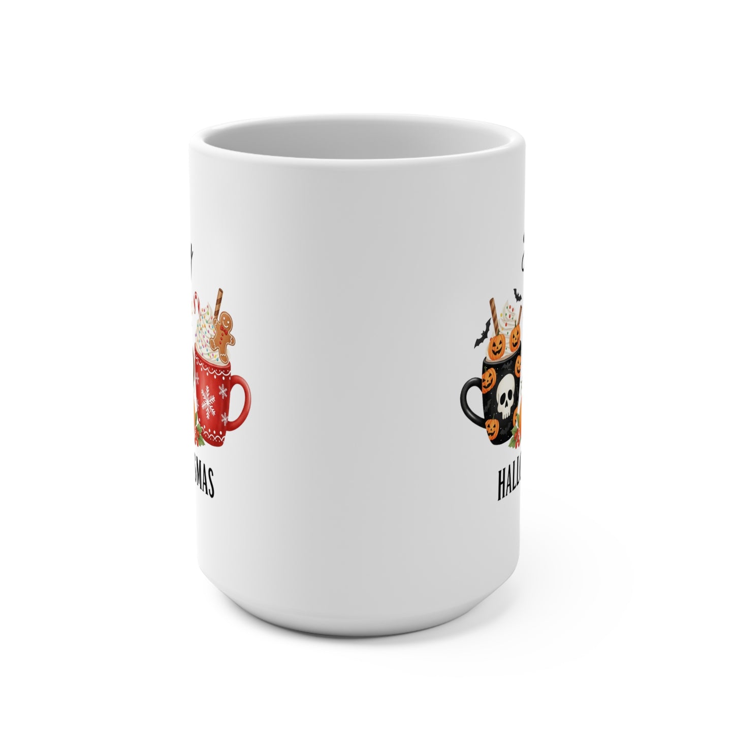 Happy Hallothanksmas Mug 15oz Ceramic Coffee Cup Halloween Thanksgiving Christmas Holiday Gift for Her or Him