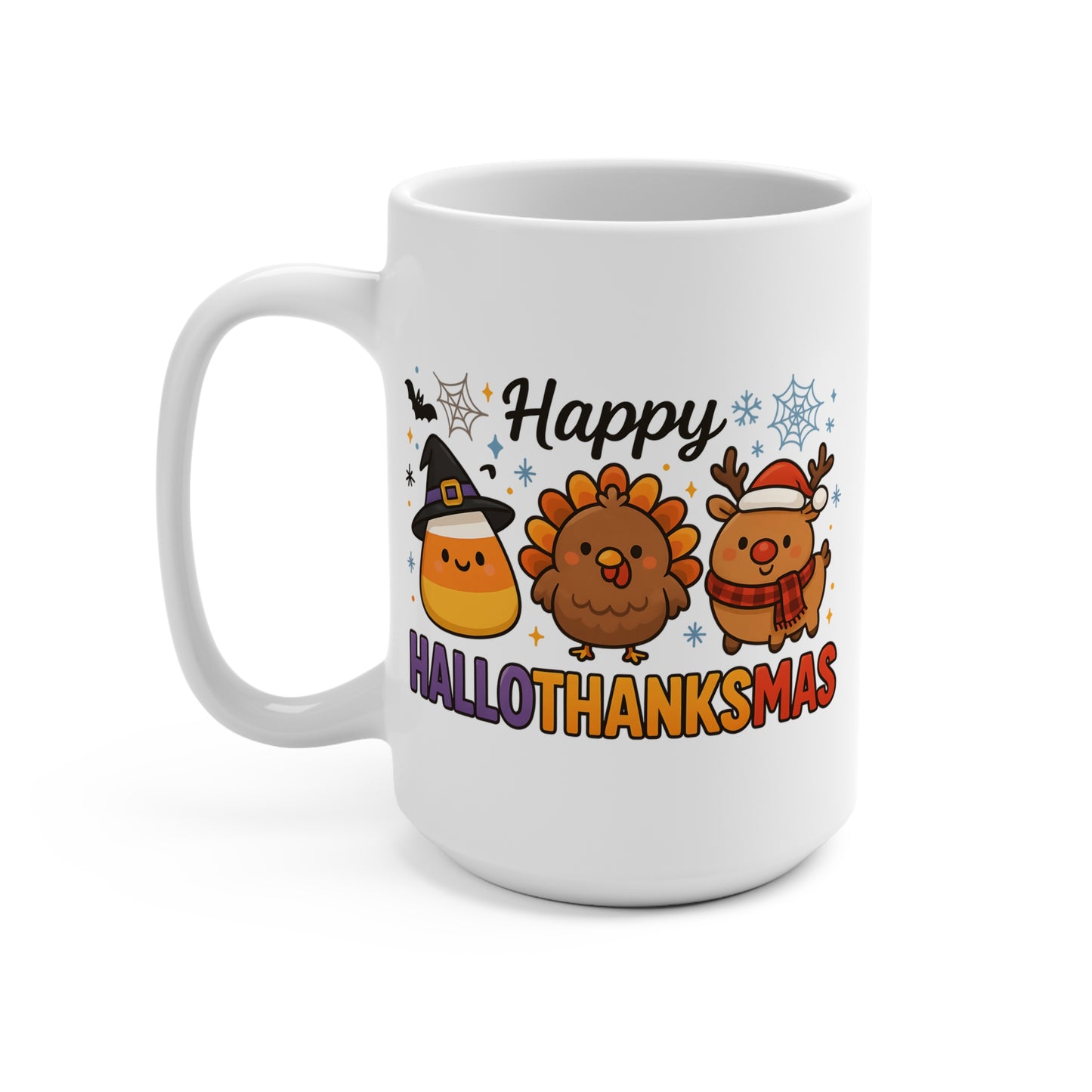 Funny Happy Hallothanksmas Mug 15oz Ceramic Coffee Cup Halloween Thanksgiving Christmas Gift for Holiday Lovers