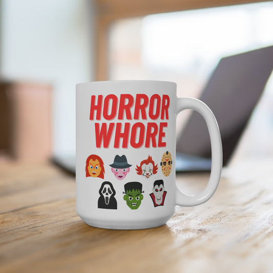 Horror Whore Mug Funny Horror Lover Coffee Cup Edgy Halloween Gift for Spooky Fans Slasher Addicts or Creepy Movie Enthusiasts