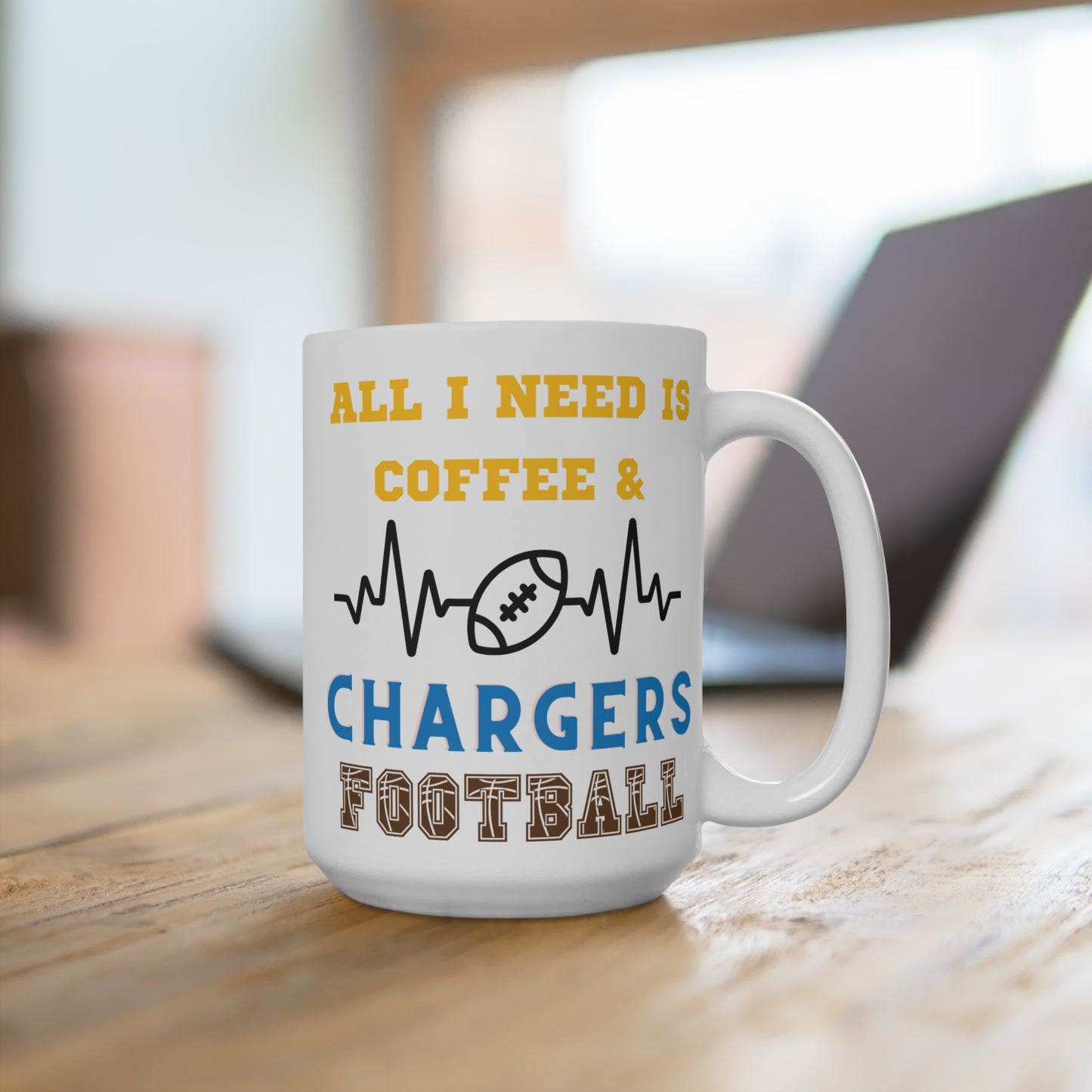 All I Need Is Coffee and Chargers Football Mug Funny Los Angeles Fan Gift for NFL Lovers Game Day Morning or Tailgate Coffee Cup