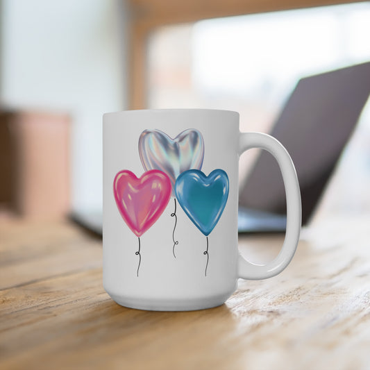 Pink Silver and Blue Balloon Mug 15oz Ceramic Coffee Cup Birthday Party Celebration Gift for Her or Him