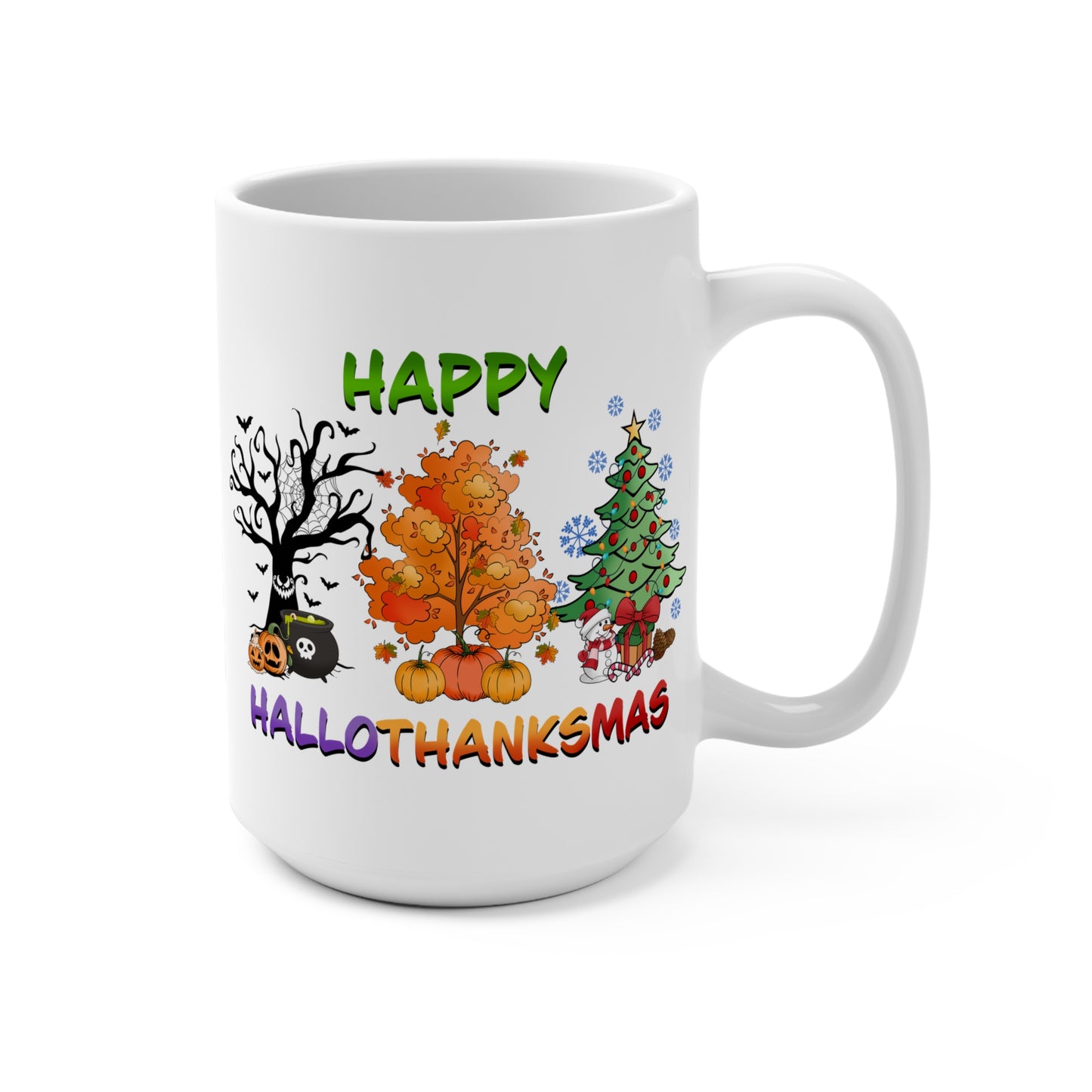 Happy Hallothanksmas Mug 15oz Ceramic Coffee Cup Halloween Thanksgiving Christmas Holiday Gift for Her or Him