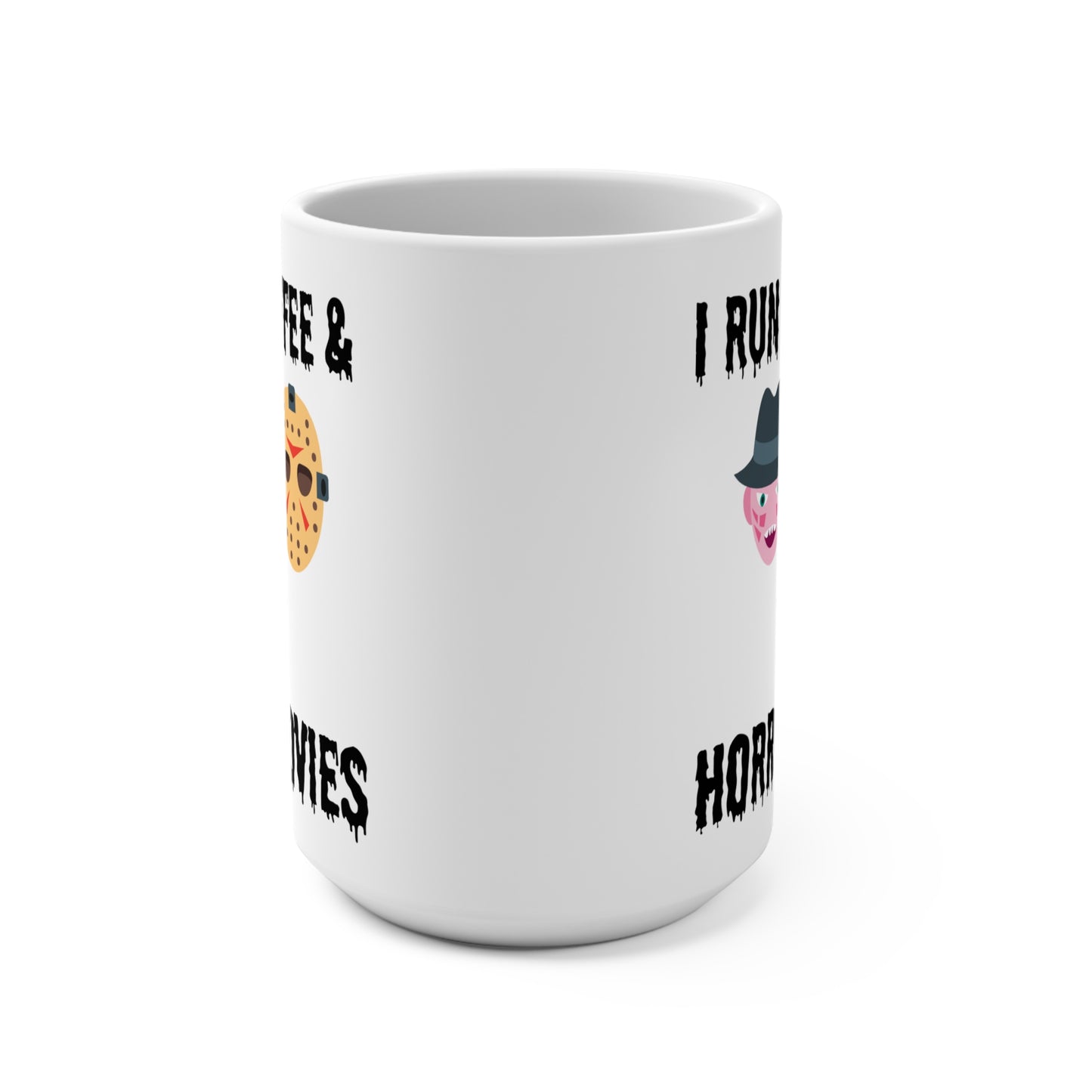 I Run on Coffee and Horror Movies Mug Funny Halloween Cup for Horror Fans Spooky Gift Idea for Halloween Lovers or Creepy Coffee Addicts