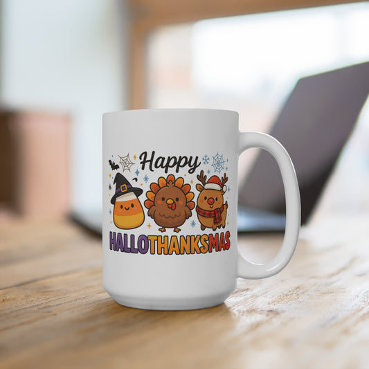 Funny Happy Hallothanksmas Mug 15oz Ceramic Coffee Cup Halloween Thanksgiving Christmas Gift for Holiday Lovers