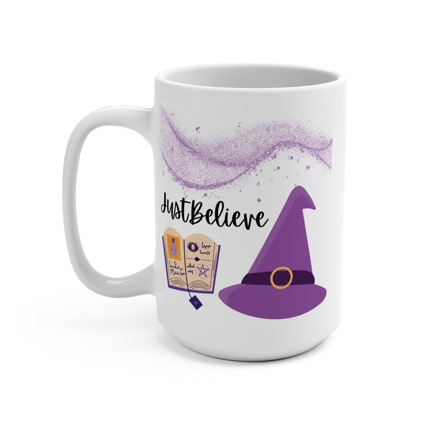 Just Believe Mug Witch Hat and Spell Book Coffee Cup Magic Fall Gift for Halloween Lovers Witchy Tea Time or Cozy Autumn Vibes