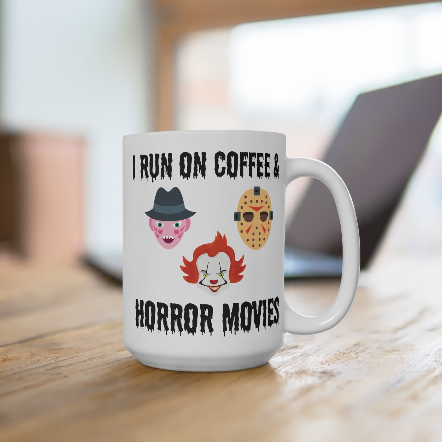 I Run on Coffee and Horror Movies Mug Funny Halloween Cup for Horror Fans Spooky Gift Idea for Halloween Lovers or Creepy Coffee Addicts