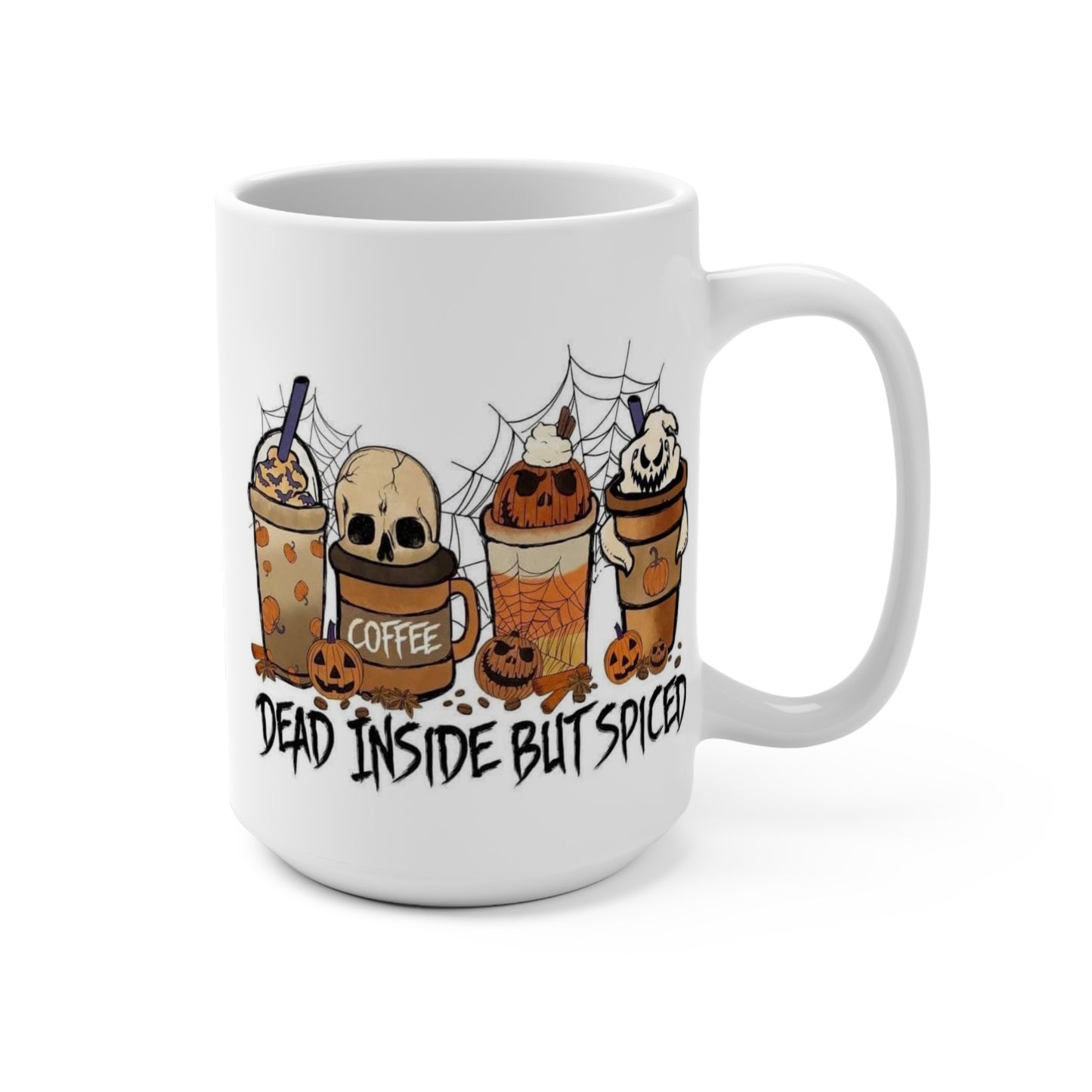 Dead Inside But Spiced Mug Funny Halloween Coffee Cup Fall Pumpkin Spice Lover Gift for Spooky Season Fans or Autumn Mood Vibes