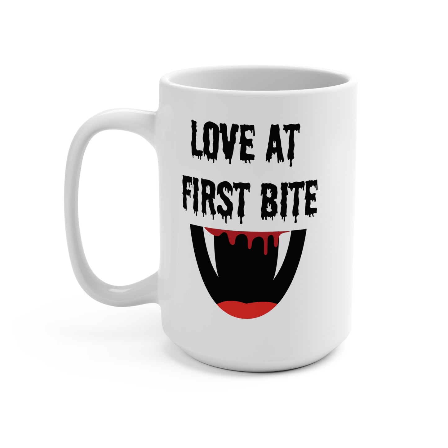 Love at First Bite Mug Funny Vampire Teeth Coffee Cup Gothic Halloween Gift for Horror Lovers or Romantic Spooky Season Fans