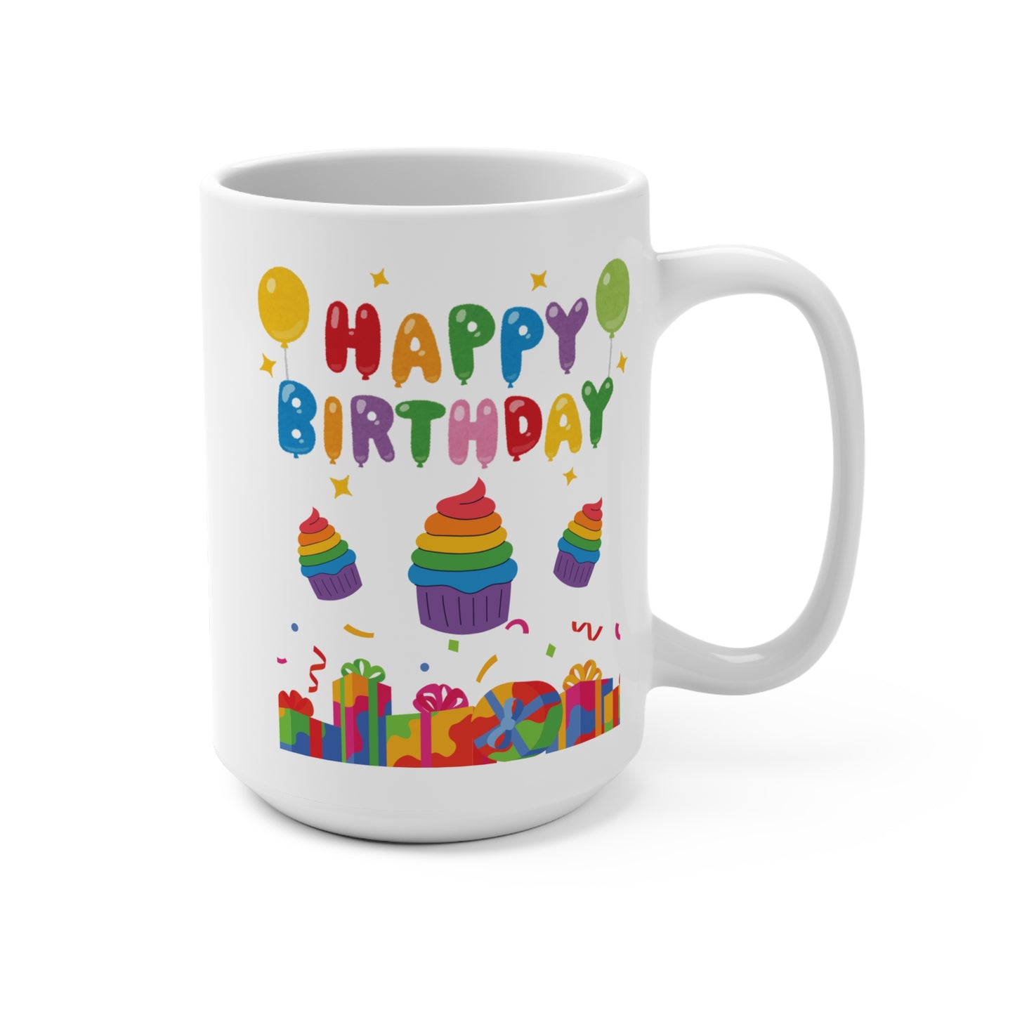 Happy Birthday Mug with Rainbow Balloons Cupcakes and Presents Fun 15oz Ceramic Coffee Cup Celebration Gift for Her or Him