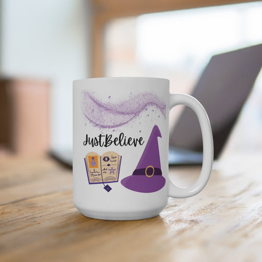 Just Believe Mug Witch Hat and Spell Book Coffee Cup Magic Fall Gift for Halloween Lovers Witchy Tea Time or Cozy Autumn Vibes