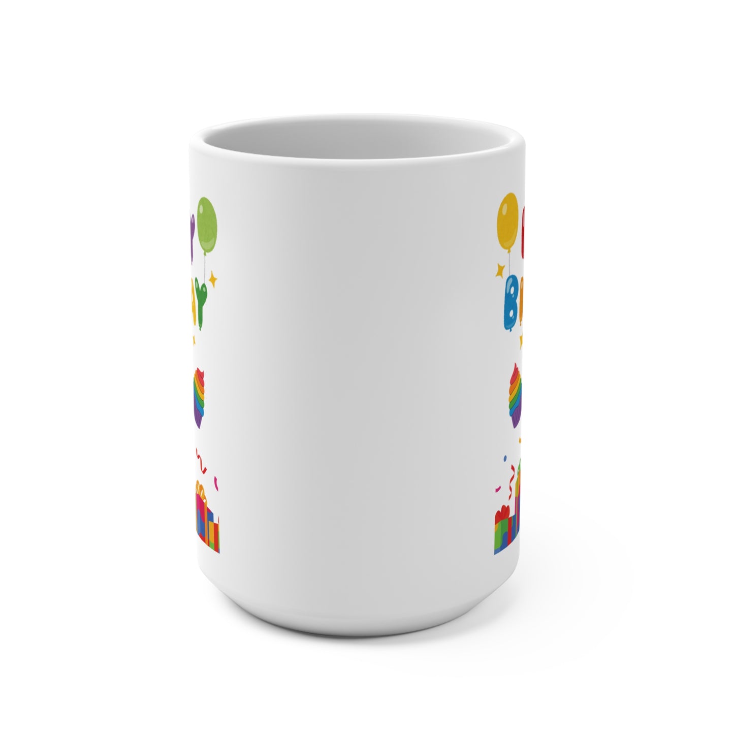 Happy Birthday Mug with Rainbow Balloons Cupcakes and Presents Fun 15oz Ceramic Coffee Cup Celebration Gift for Her or Him