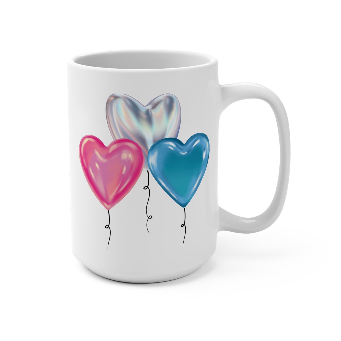 Pink Silver and Blue Balloon Mug 15oz Ceramic Coffee Cup Birthday Party Celebration Gift for Her or Him