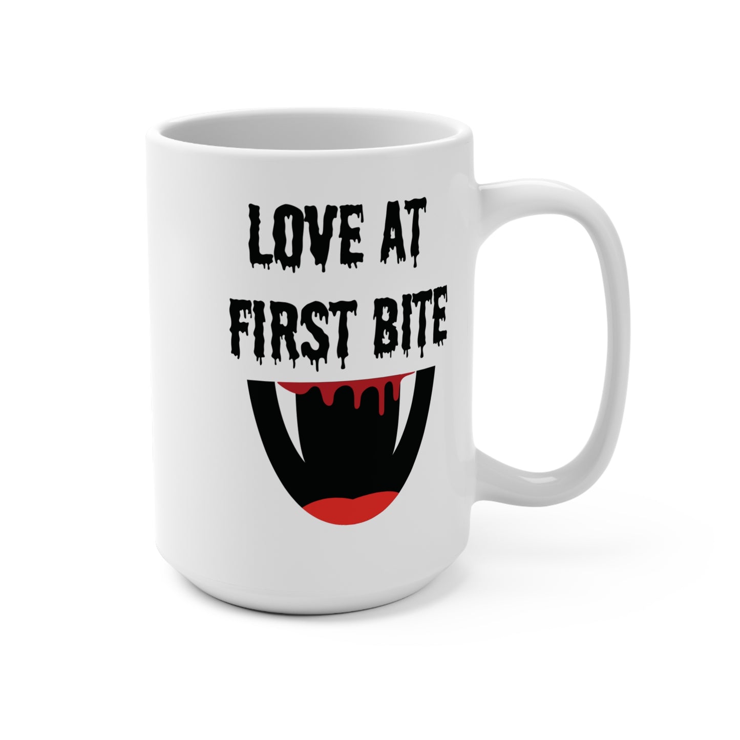 Love at First Bite Mug Funny Vampire Teeth Coffee Cup Gothic Halloween Gift for Horror Lovers or Romantic Spooky Season Fans