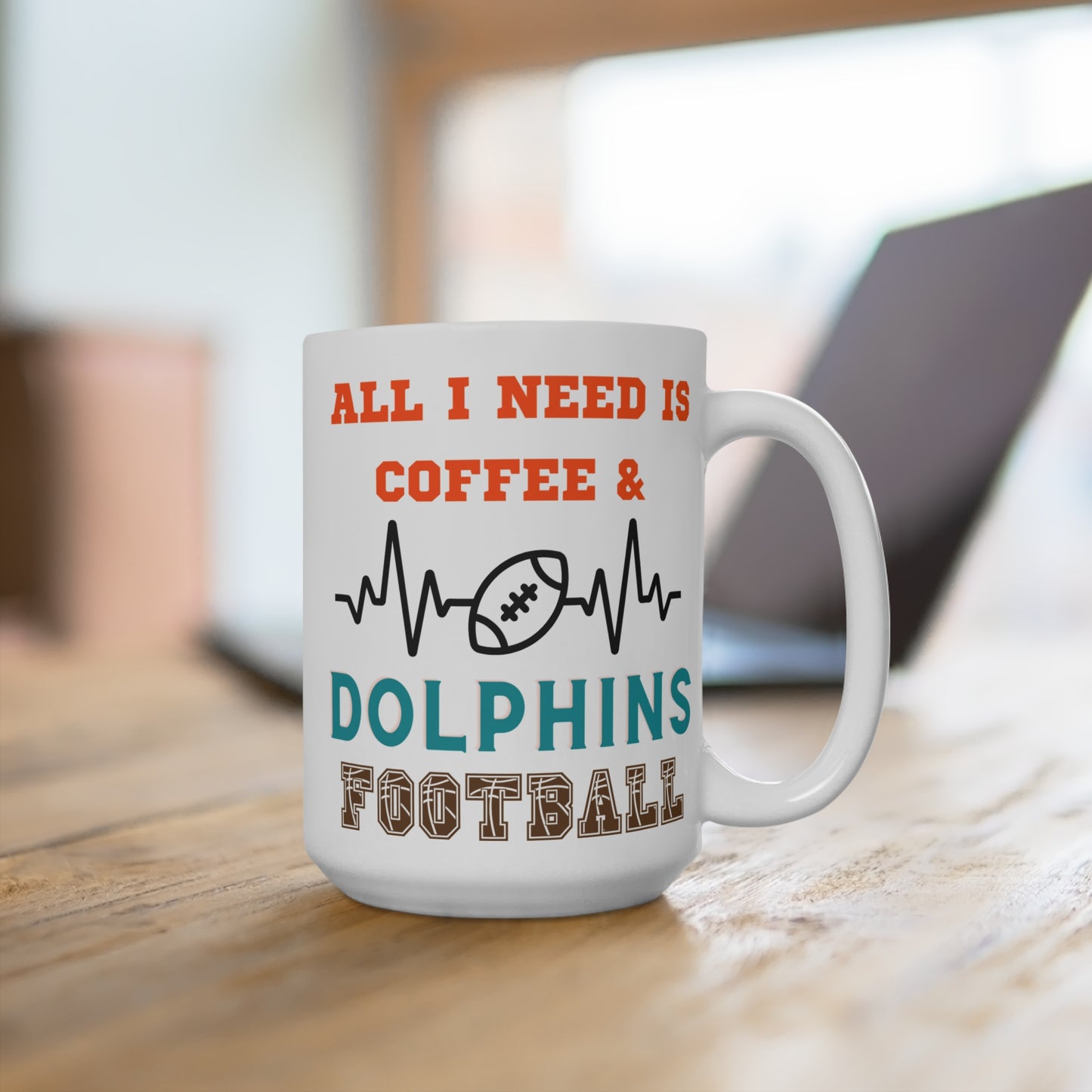 All I Need Is Coffee and Dolphins Football Mug Funny Miami Fan Gift for NFL Lovers Game Day Morning or Tailgate Coffee Cup