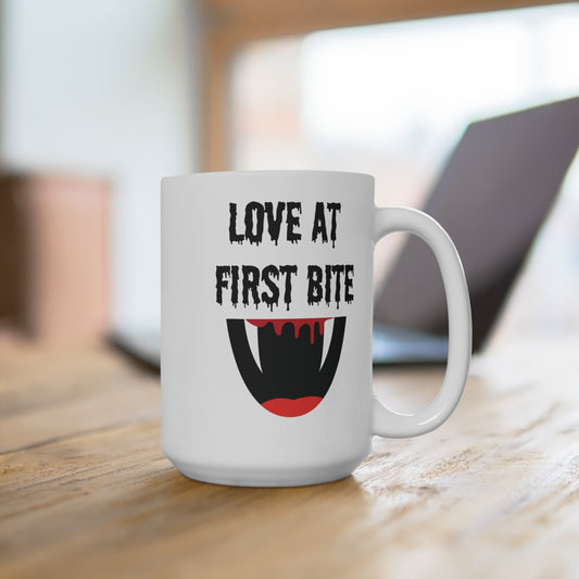 Love at First Bite Mug Funny Vampire Teeth Coffee Cup Gothic Halloween Gift for Horror Lovers or Romantic Spooky Season Fans